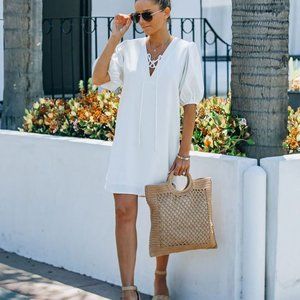 LAKESHORE LINEN BLEND PUFF SLEEVE DRESS - IVORY -- XS